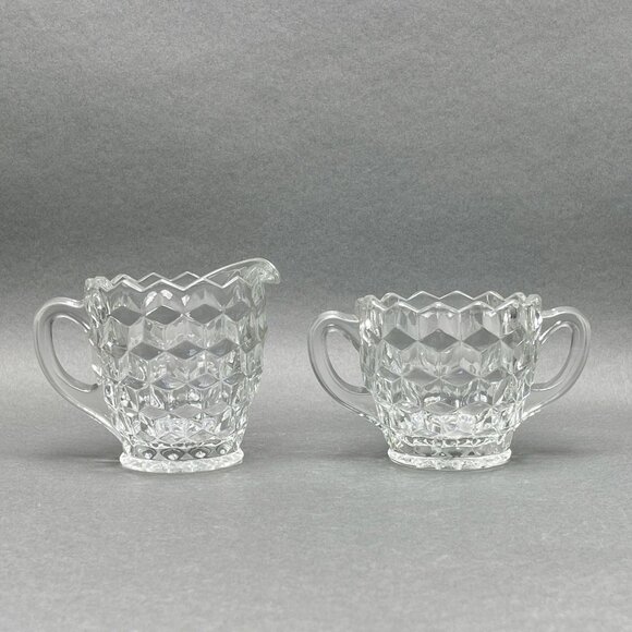 Vintage Fostoria American Block Optic Glass Creamer and Open Sugar Dish c. 1950 - Picture 1 of 8